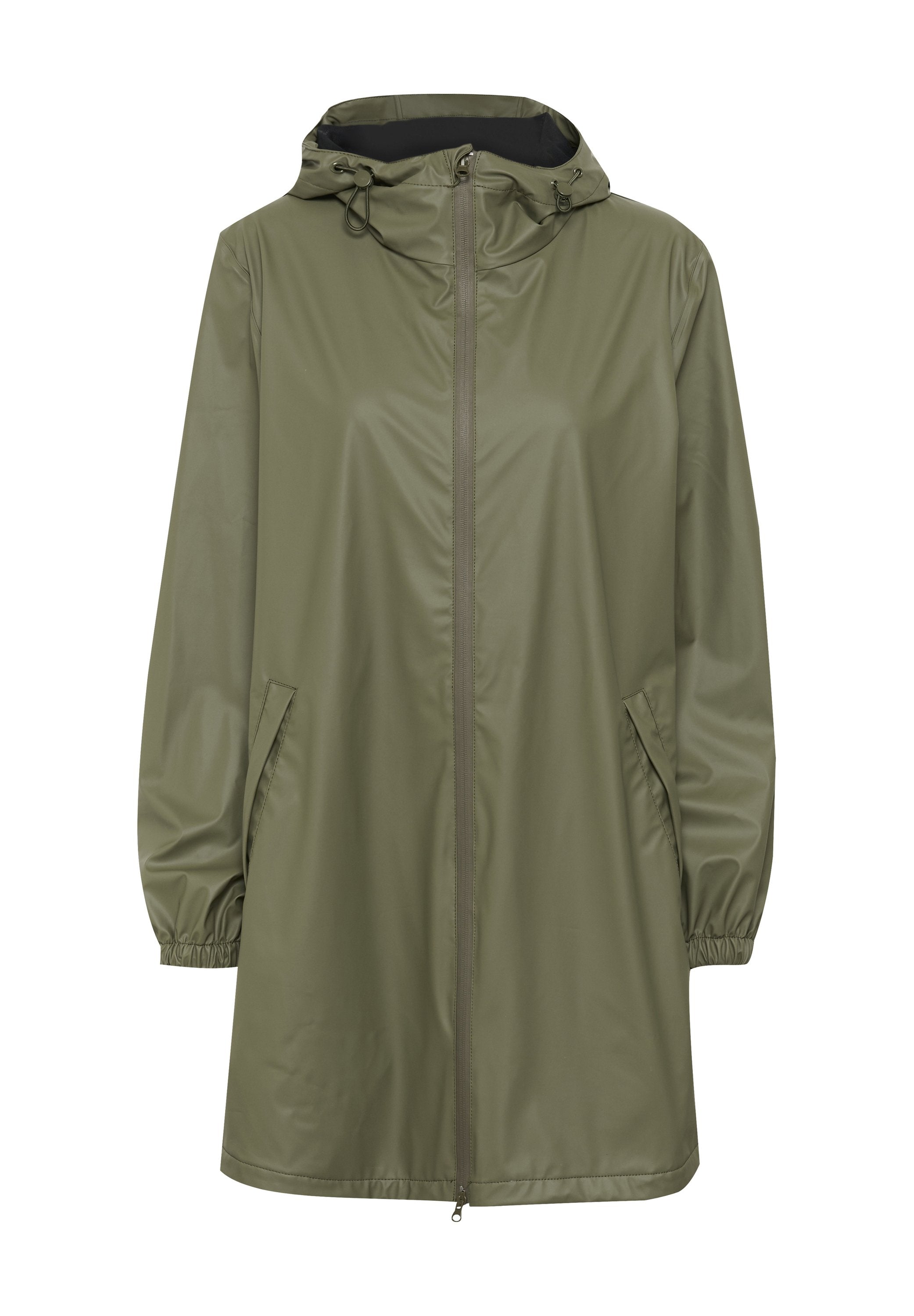 Wasserabweisende olivgrüne Regenjacke mit Reißverschluss, verstellbarer Kapuze, elastischen Bündchen und Seitentaschen. Glattes, leichtes Material.