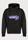 Schwarzer Hoodie mit einer Fronttasche, Kapuzenzug und buntem Text "Pega d'or VANILLA Super Soft!" in lila und rosa Akzenten.