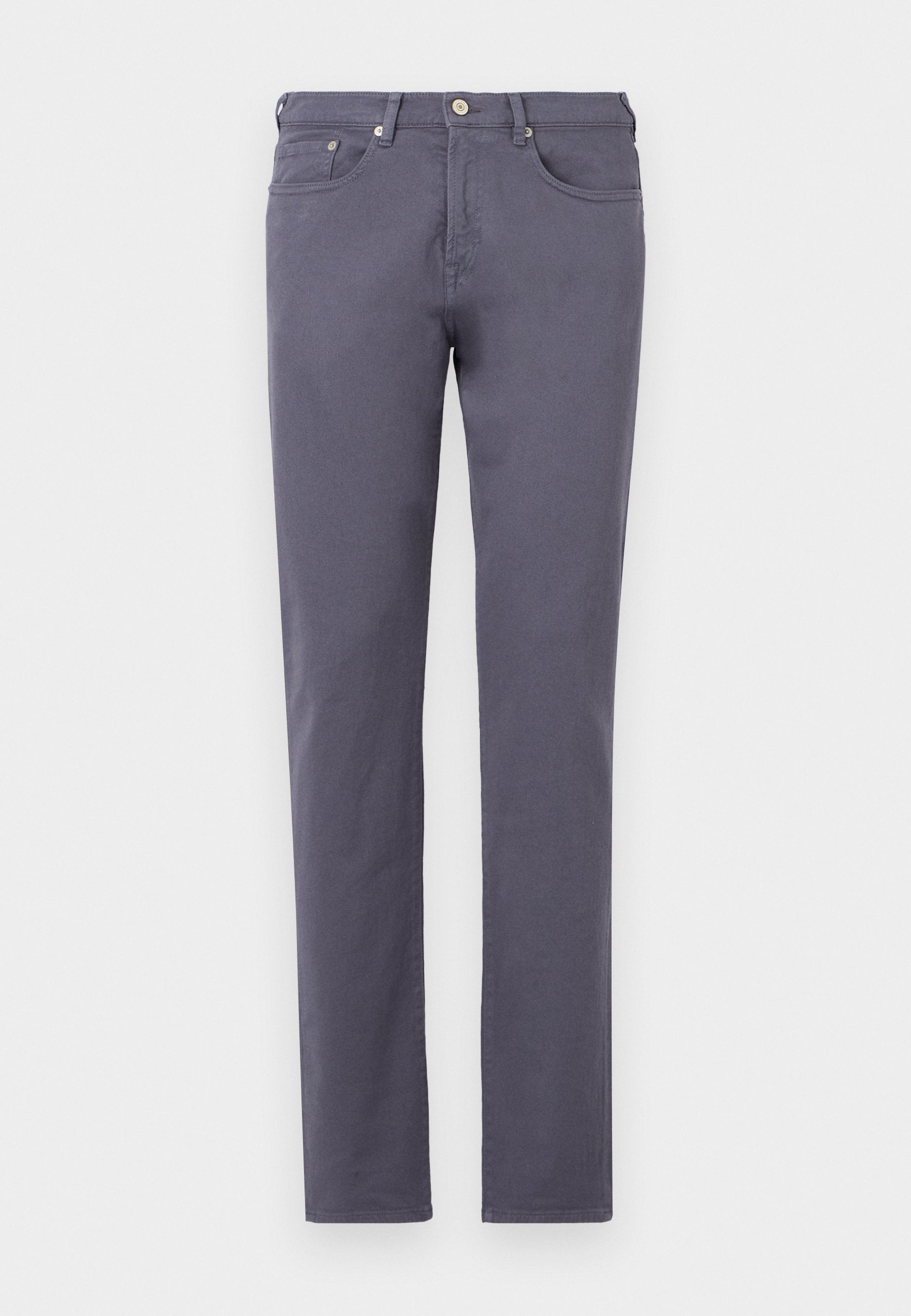 Schmal geschnittene, graue Baumwollchinos mit vorderen Taschen und einem Knopfverschluss. Sie zeichnen sich durch eine glatte Textur und einen standardmäßigen Saum aus. Keine sichtbaren Muster.