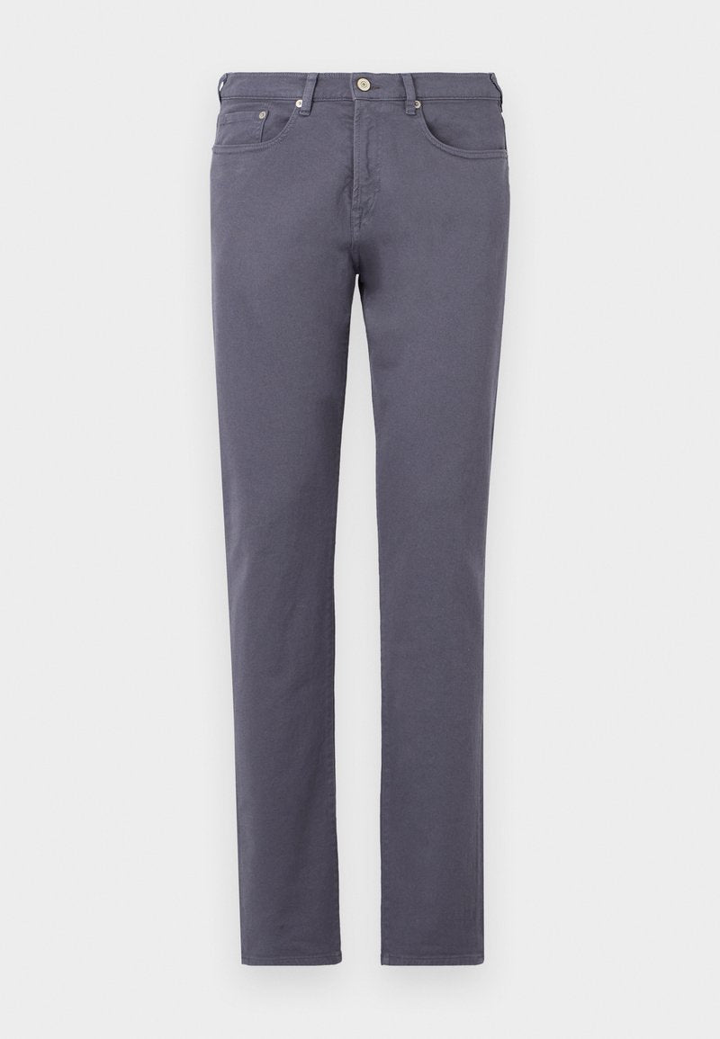 Schmal geschnittene, graue Baumwollchinos mit vorderen Taschen und einem Knopfverschluss. Sie zeichnen sich durch eine glatte Textur und einen standardmäßigen Saum aus. Keine sichtbaren Muster.