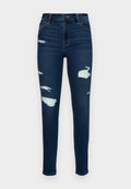 Dunkelblaue Skinny Jeans aus Denim mit distressed Patches und fransigen Details. Klassisches Fünf-Taschen-Design und Reißverschluss.