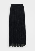 Schwarzer Maxikleid mit elastischem Bund, der ein strukturiertes Muster aus Rauten und Punkten aufweist, sowie einem transparenten Saum.