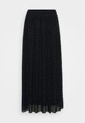 Schwarzer Maxikleid mit elastischem Bund, der ein strukturiertes Muster aus Rauten und Punkten aufweist, sowie einem transparenten Saum.