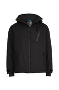 Schwarze Jacke mit Kapuze, mit Reißverschluss vorne und Seitentaschen. Merkmale ein grünes "O'Neill"-Logo und strukturierten Stoff. Verstellbare Bündchen.