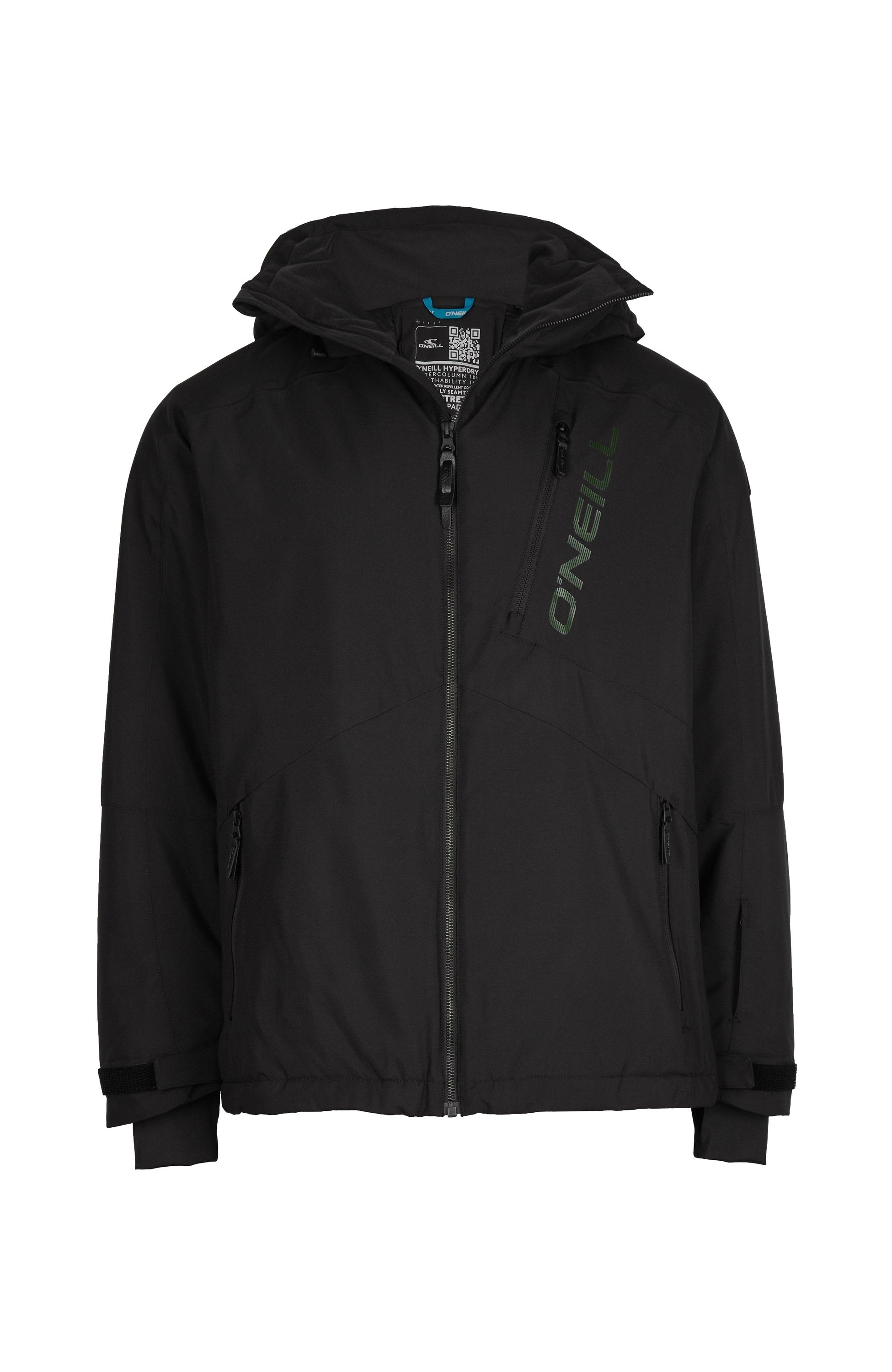 Schwarze Jacke mit Kapuze, mit Reißverschluss vorne und Seitentaschen. Merkmale ein grünes "O'Neill"-Logo und strukturierten Stoff. Verstellbare Bündchen.