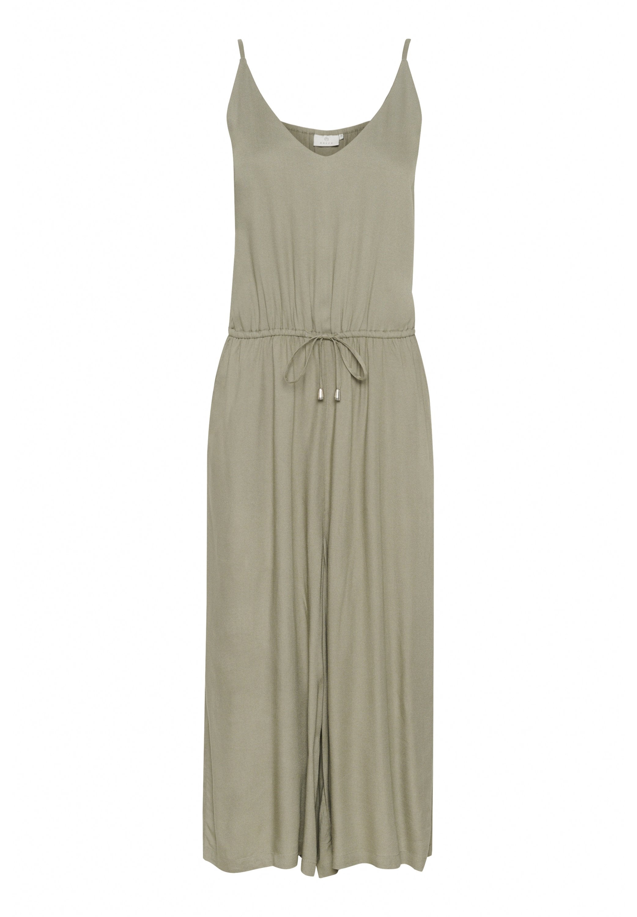 Olivenfarbener Jumpsuit mit dünnen Spaghettiträgern, V-Ausschnitt, elastischem Taillenbund, Kordelzug und weit geschnittenen, lockeren Beinen.