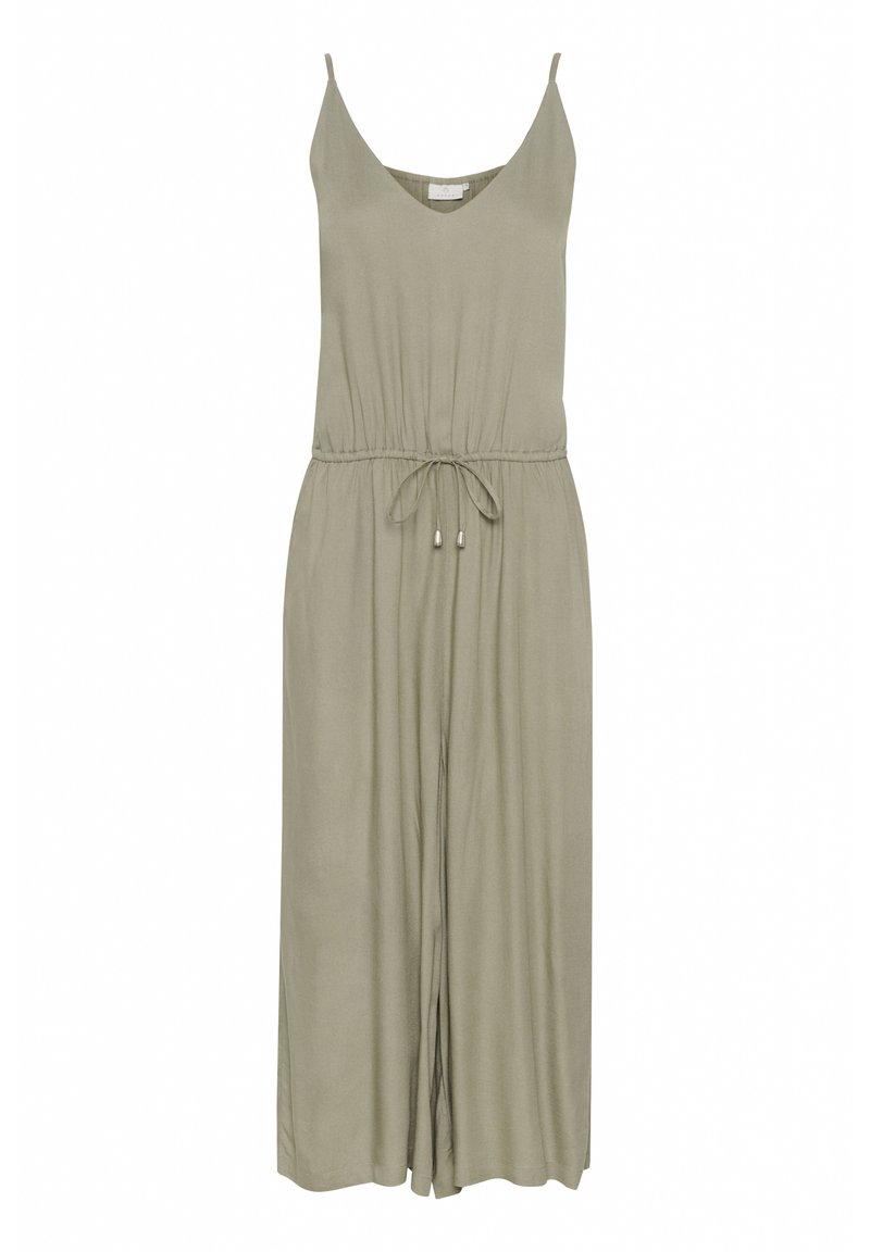 Olivenfarbener Jumpsuit mit dünnen Spaghettiträgern, V-Ausschnitt, elastischem Taillenbund, Kordelzug und weit geschnittenen, lockeren Beinen.