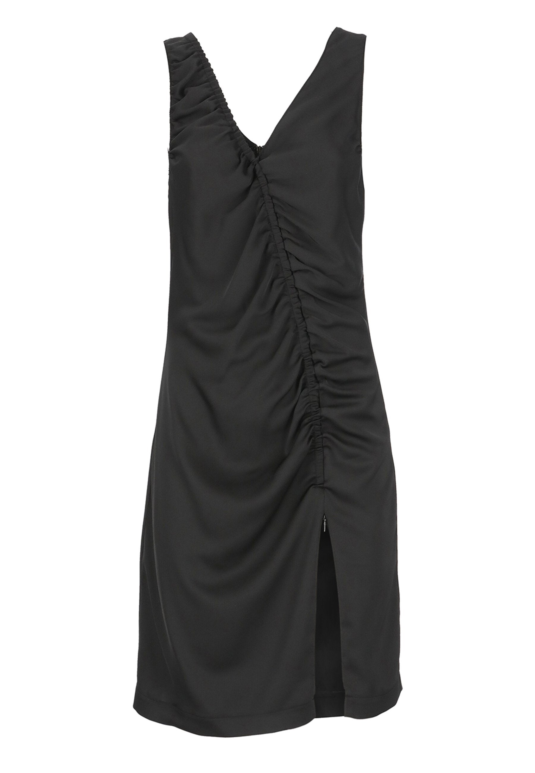 Schwarzes ärmelloses Kleid mit V-Ausschnitt, diagonal gerafftem Detail und Schlitz auf der unteren rechten Seite.