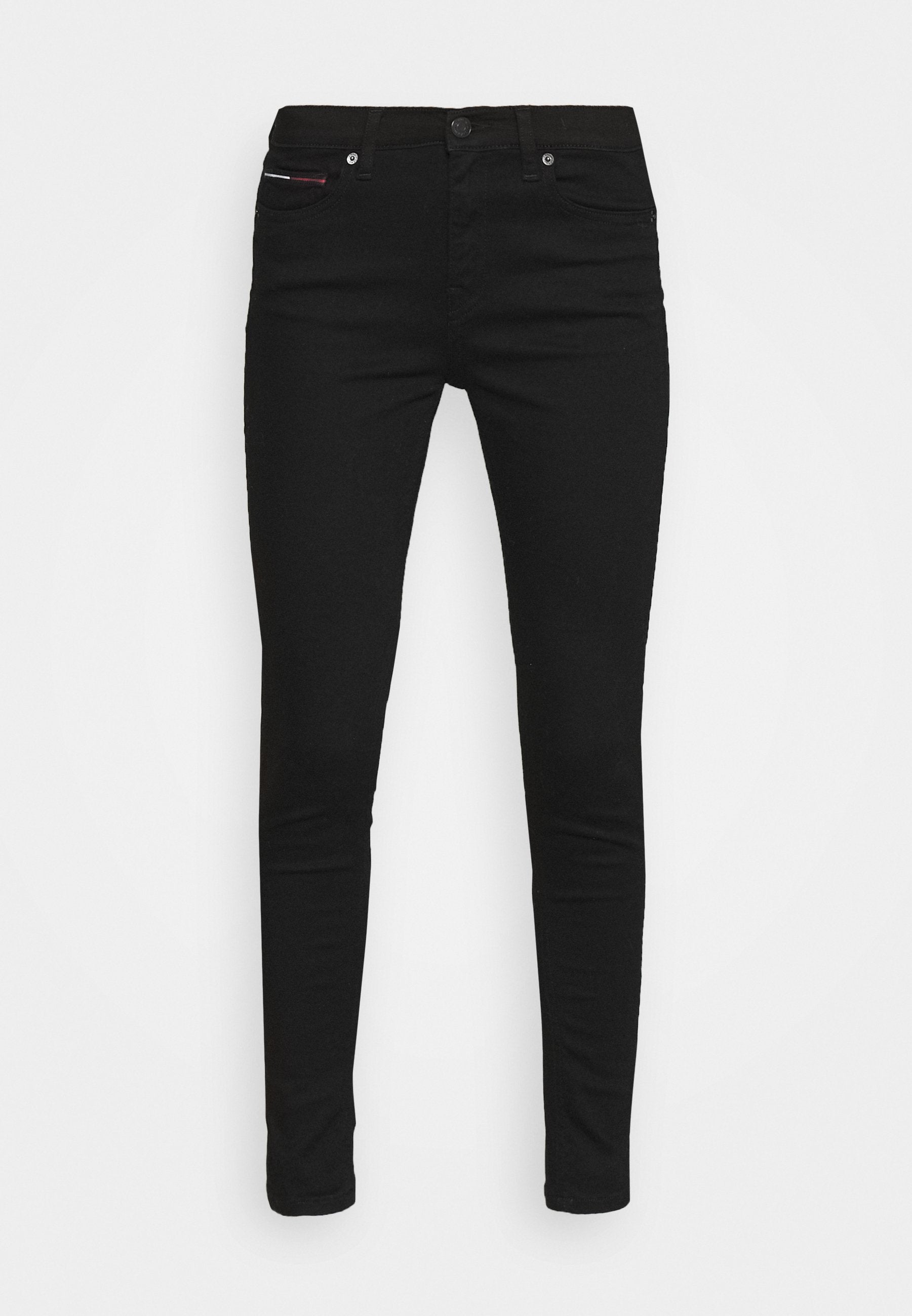 Schwarze Slim-Fit-Jeans mit fünf Taschen und Knopfverschluss, vor einem weißen Hintergrund präsentiert.