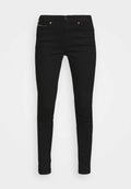 Schwarze Slim-Fit-Jeans mit fünf Taschen und Knopfverschluss, vor einem weißen Hintergrund präsentiert.