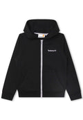 Schwarze Reißverschluss-Hoodie aus weichem Stoff, mit einer Fronttasche, einer Kordelzugkapuze und einem kleinen Timberland-Logo auf der linken Brust.