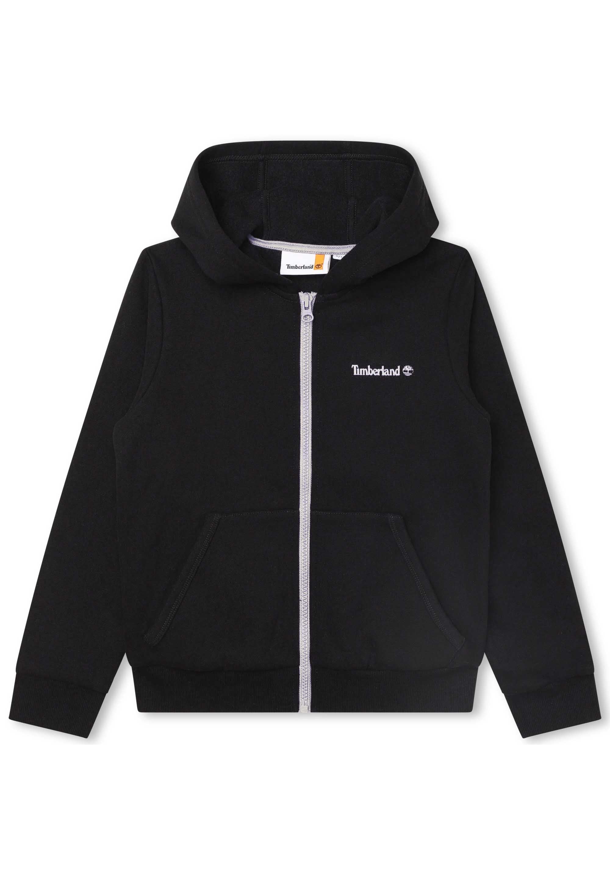 Schwarze Reißverschluss-Hoodie aus weichem Stoff, mit einer Fronttasche, einer Kordelzugkapuze und einem kleinen Timberland-Logo auf der linken Brust.