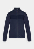 Marineblaue Fleecejacke mit hohem Kragen, durchgehendem Reißverschluss, strukturiertem Panel über der Brust und taillierten langen Ärmeln. Glatte Stoffoberfläche.