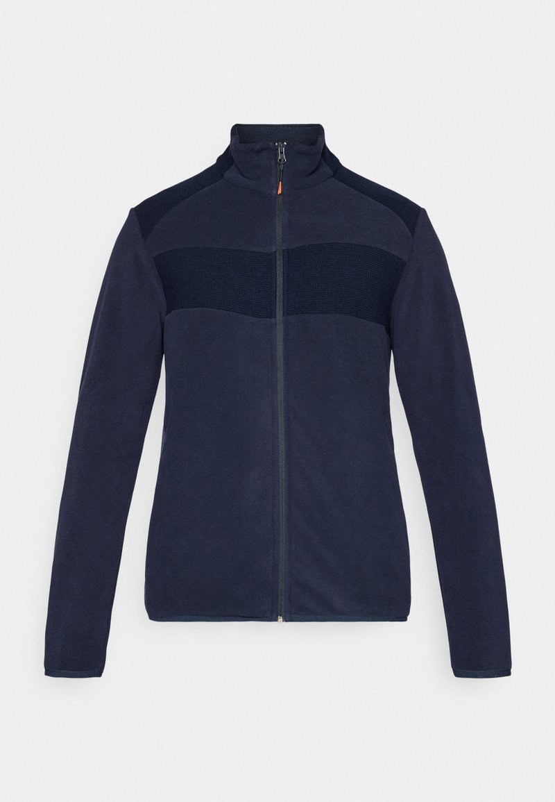 Marineblaue Fleecejacke mit hohem Kragen, durchgehendem Reißverschluss, strukturiertem Panel über der Brust und taillierten langen Ärmeln. Glatte Stoffoberfläche.
