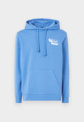 Blauer Baumwoll-Hoodie mit Kängurutasche, Kapuze mit Kordelzug und weißem Logo "TOMMY JEANS" auf der oberen linken Seite. Weicher Stoff, lässiges Design.