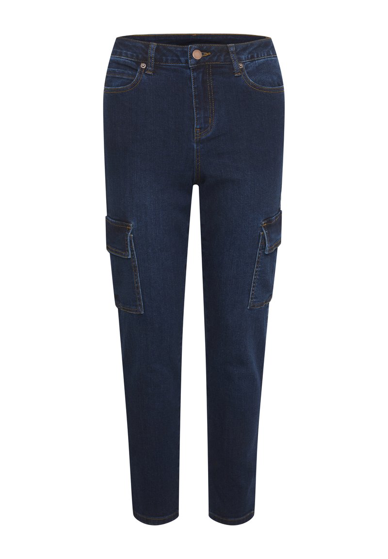Dunkelblaue Jeans-Cargo-Hosen mit geradem Schnitt, ausgestattet mit zwei Seitentaschen, gelben Nähten und einem Knopfverschluss an der Vorderseite.