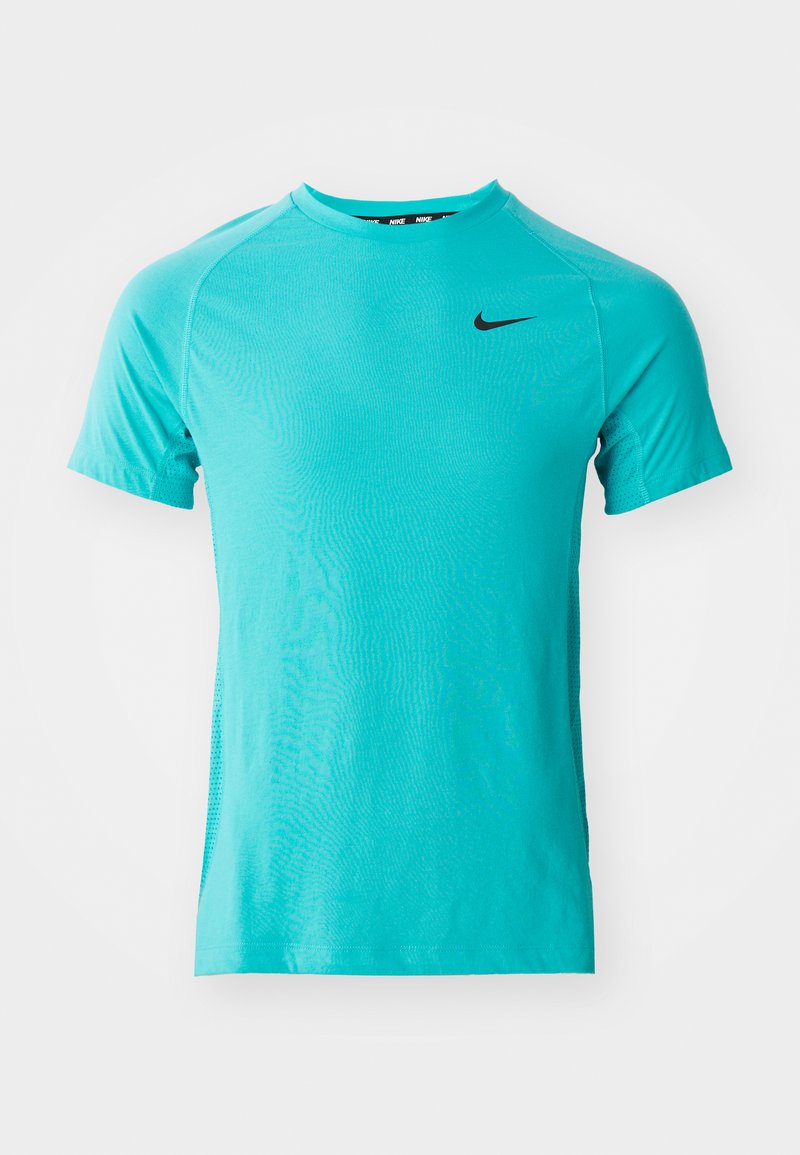 Helles türkisfarbenes Sportshirt mit kurzen Ärmeln, Rundhalsausschnitt, atmungsaktiven Mesh-Einsätzen und schwarzem Nike-Swoosh-Logo auf der Vorderseite.