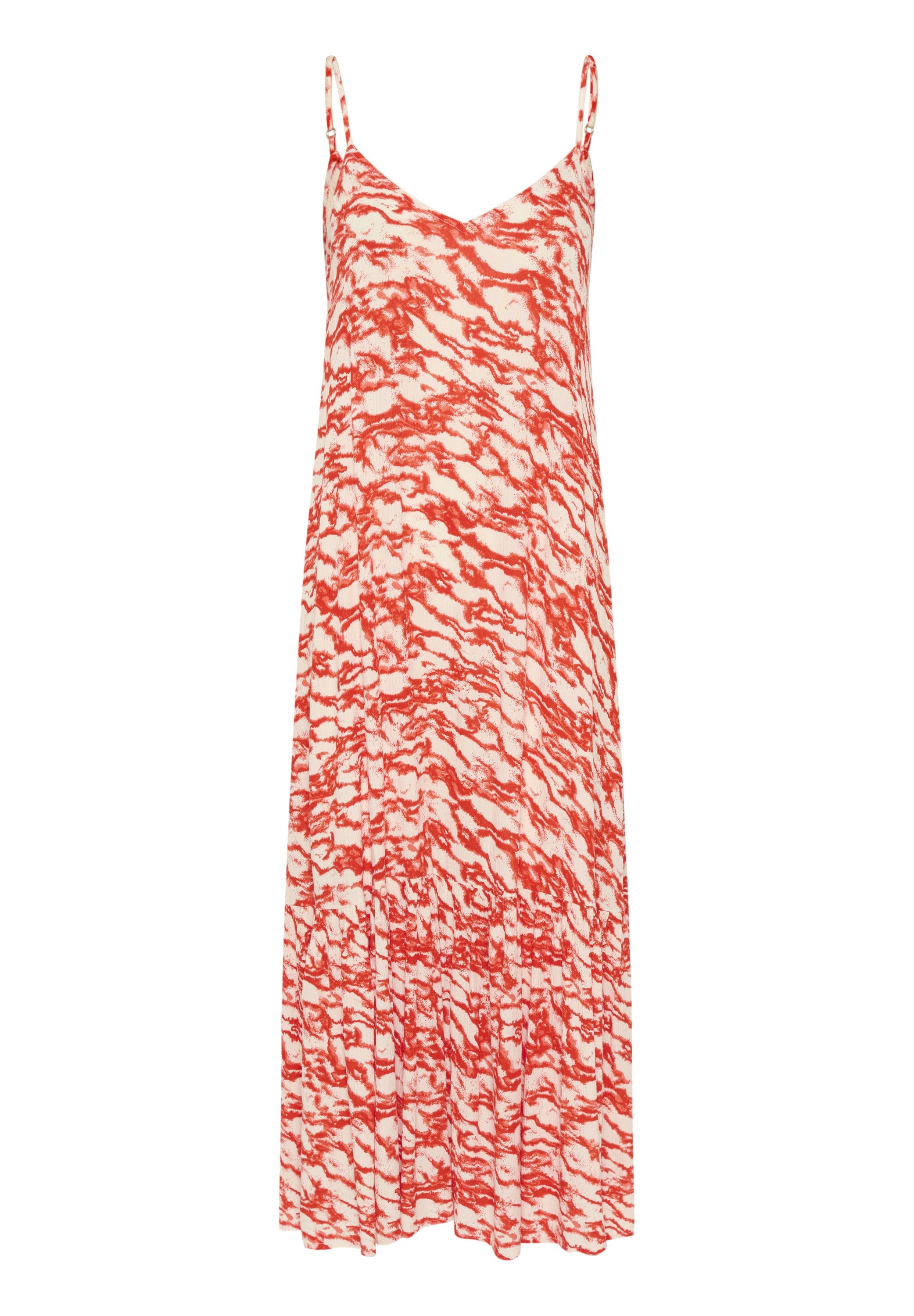 Ärmelloses Maxikleid mit verstellbaren Spaghetti-Trägern, rotem und weißem abstraktem Muster sowie einem V-Ausschnitt.