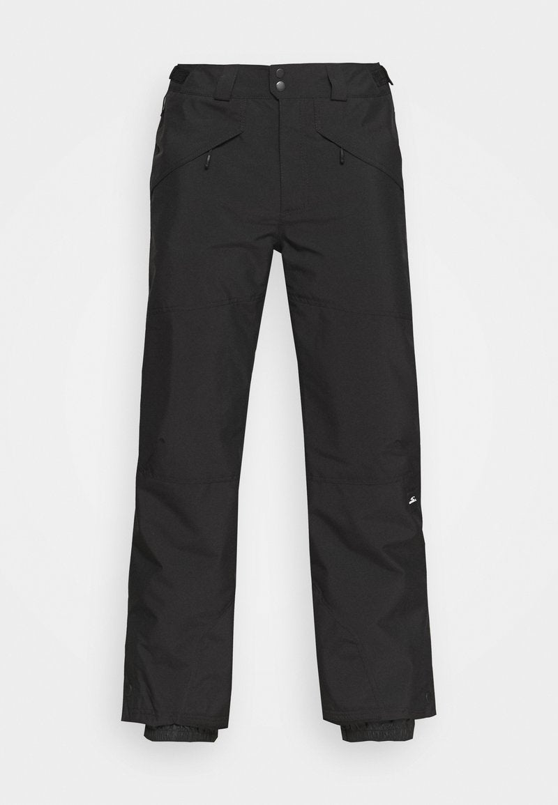 Schwarze Skihosen mit geradem Bein, verstellbarem Bund, Seitentaschen und elastischen Bündchen zum Wetterschutz. Wasserdichtes Material.