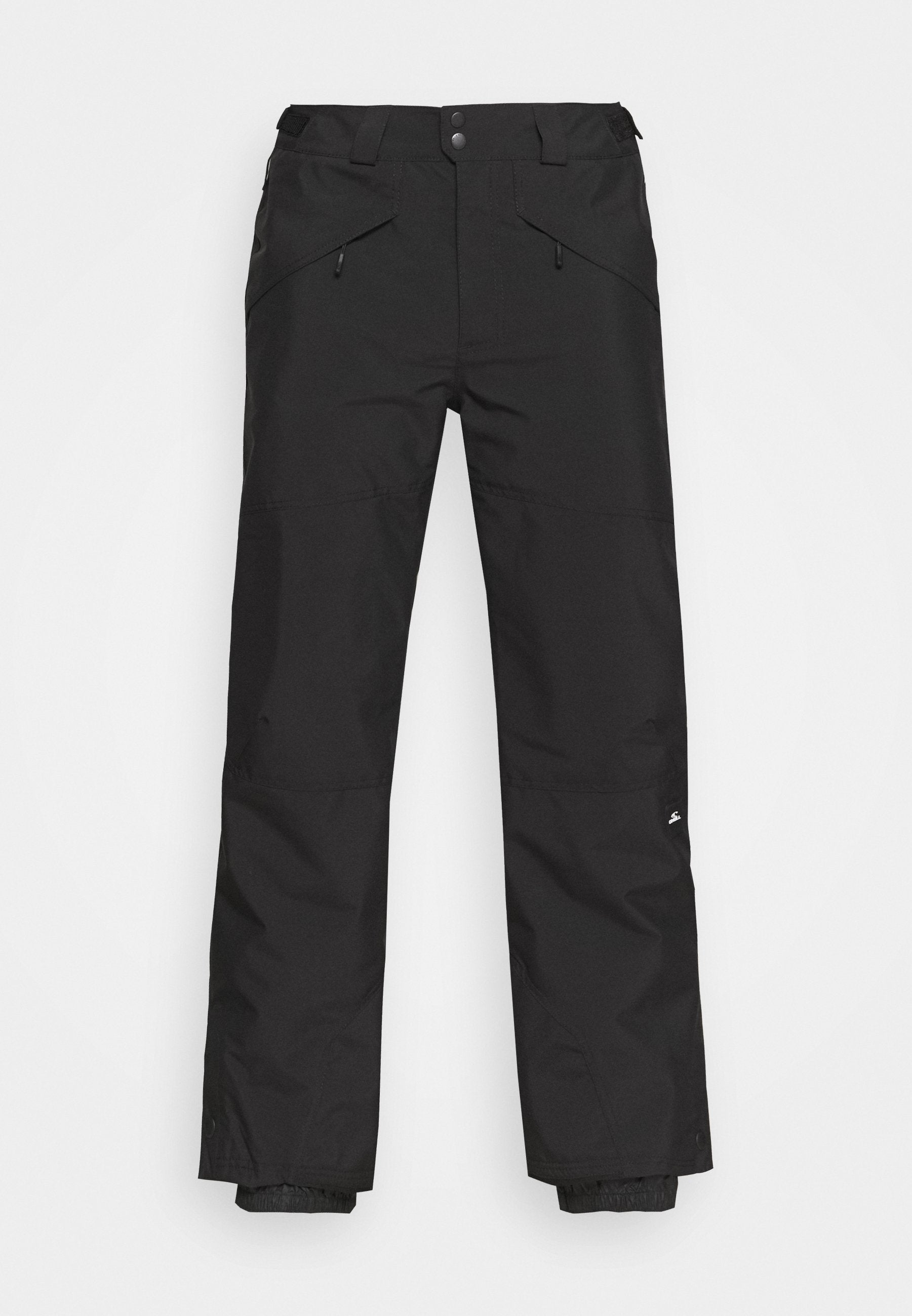 Schwarze Skihosen mit geradem Bein, verstellbarem Bund, Seitentaschen und elastischen Bündchen zum Wetterschutz. Wasserdichtes Material.