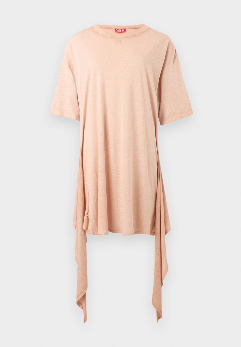 Hellrosa übergroßes T-Shirt mit kurzen Ärmeln und verlängerten, drapierten Stoffbahnen, die auf beiden Seiten unterhalb der Taille hängen.