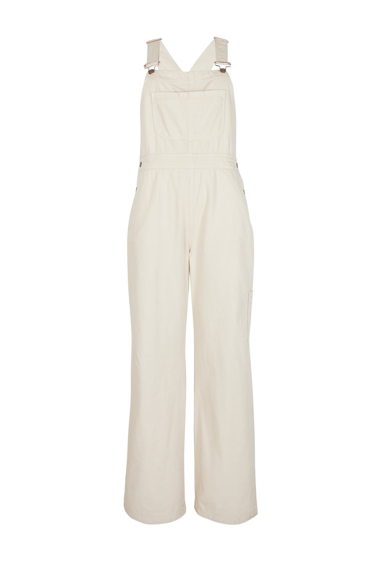 Beige Baumwoll-Overalls mit weitem Bein, verstellbaren Trägern, einer Fronttasche und seitlichen Taschen. Glatte Textur und minimales Design.