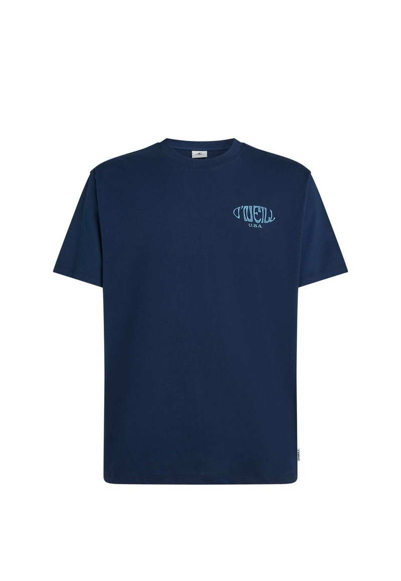 Marineblaues Baumwoll-T-Shirt mit kurzen Ärmeln, mit einem hellblauen Logo vorne mit der Aufschrift "U'Vell U.S.A." und einem entspannten Schnitt.