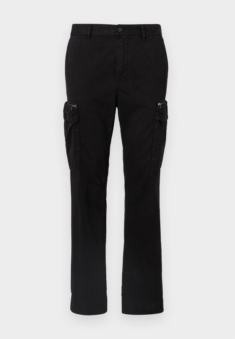 Schwarze Cargo-Hose aus Baumwolle mit zwei seitlichen Taschen, geradem Bein und sichtbaren Nähten an den Säumen.