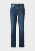 Dunkelblaue Jeans aus Denim mit geradem Bein, ausgestattet mit einem Knopf- und Reißverschluss sowie orangefarbenen Nähten.