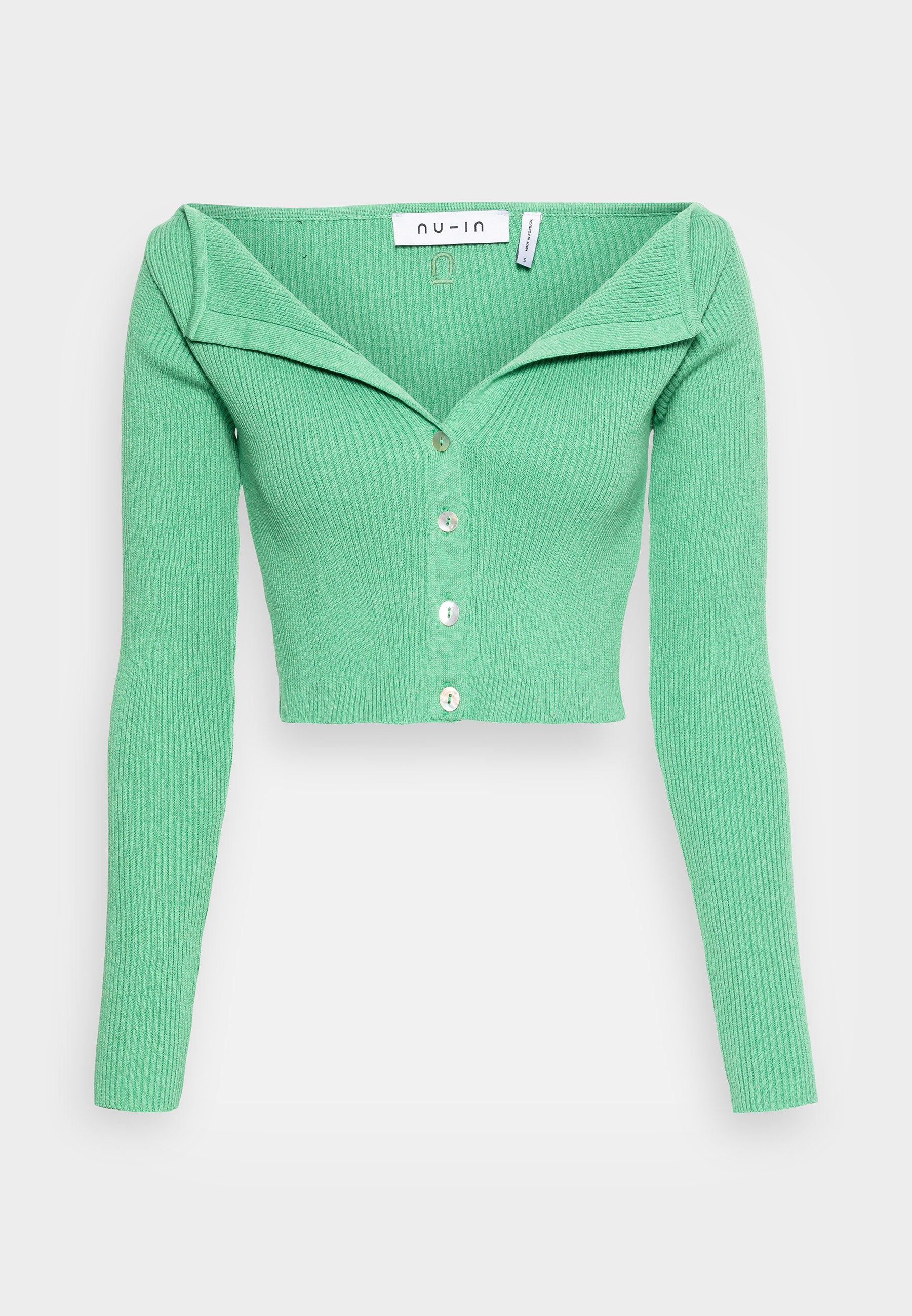 NU-IN OFF SHOULDER CROPPED CARDIGAN