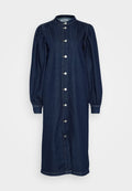 Dunkelblaues Denim-Kleid mit hohem Kragen, langen Puffärmel und vorderer Knopfleiste. Verfügt über silberne Knöpfe und eine gerade Silhouette.