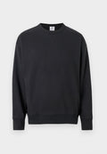 Schwarzes Sweatshirt mit Rundhalsausschnitt und langen Ärmeln, mit gerippten Bündchen und Saum, das ein kleines gesticktes Detail unterhalb des Halsausschnitts aufweist.