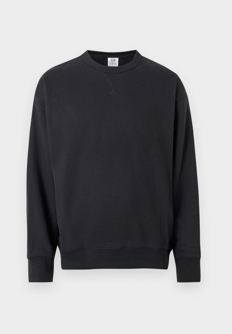 Schwarzes Sweatshirt mit Rundhalsausschnitt und langen Ärmeln, mit gerippten Bündchen und Saum, das ein kleines gesticktes Detail unterhalb des Halsausschnitts aufweist.