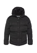 Schwarze Steppjacke mit Kapuze, gesteppter Struktur, Druckknöpfen und zwei Vorder Taschen. Glatte Textur mit Innenfutter.