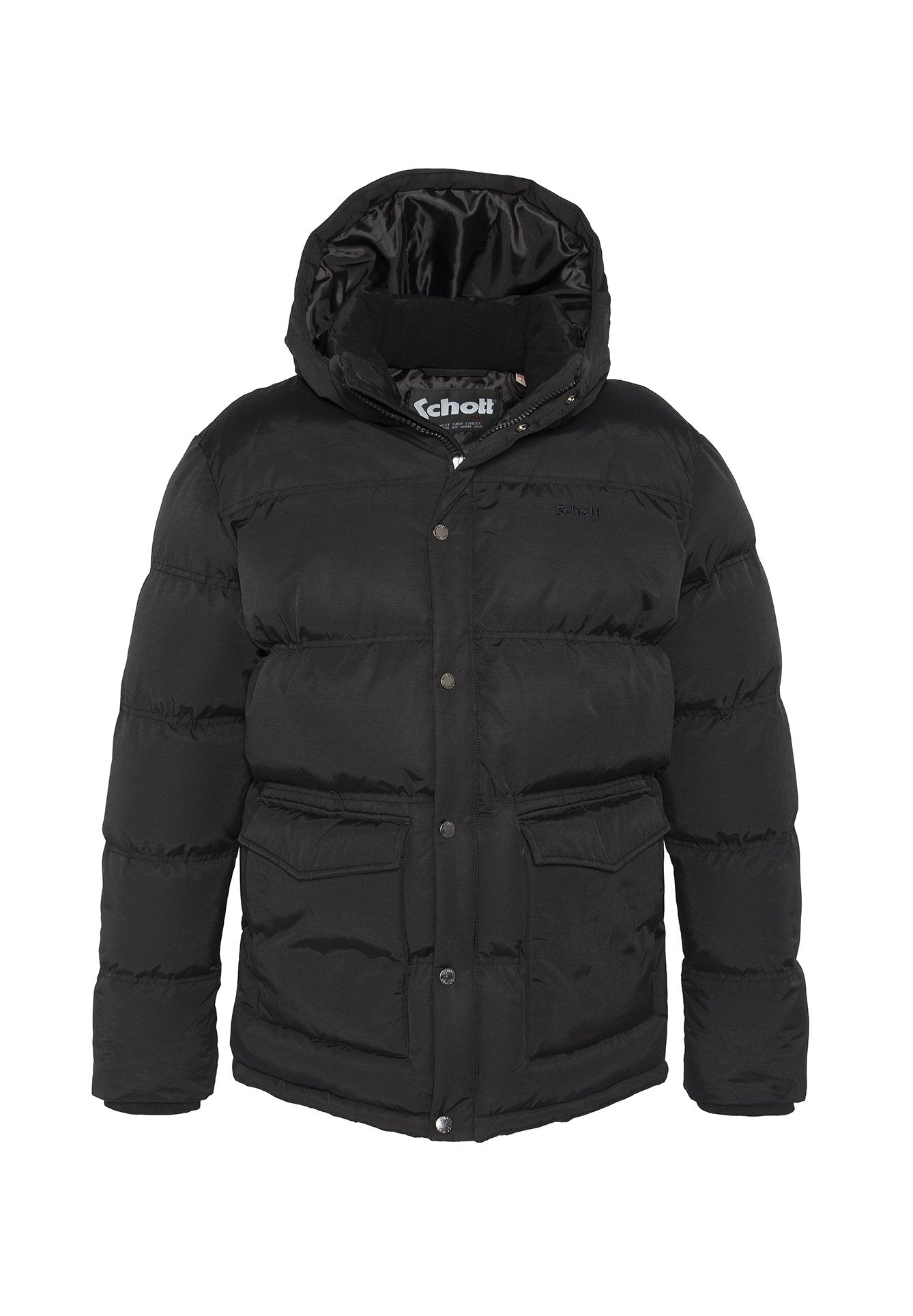 Schwarze Steppjacke mit Kapuze, gesteppter Struktur, Druckknöpfen und zwei Vorder Taschen. Glatte Textur mit Innenfutter.