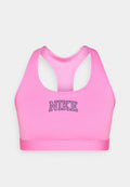 Rosa Sport-BH mit glatter Textur, ausgestattet mit einem Racerback-Design und einem kontrastierenden blauen "NIKE"-Logo auf der Vorderseite.