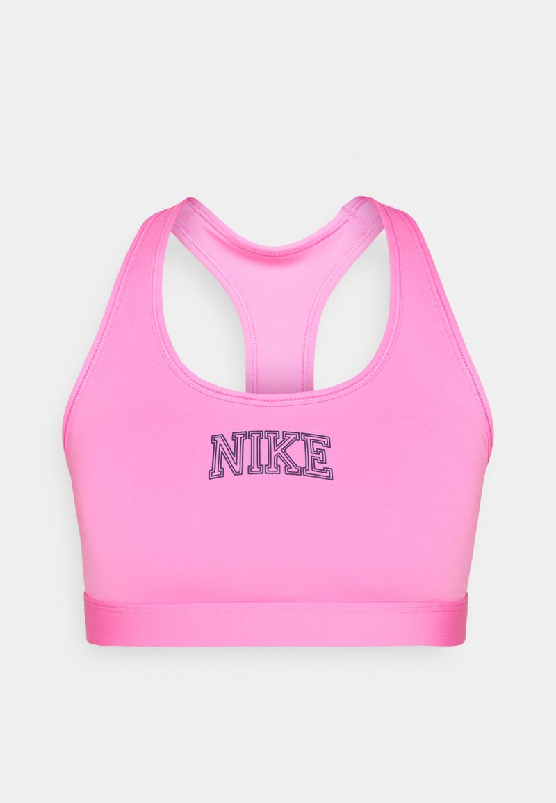 Rosa Sport-BH mit glatter Textur, ausgestattet mit einem Racerback-Design und einem kontrastierenden blauen "NIKE"-Logo auf der Vorderseite.