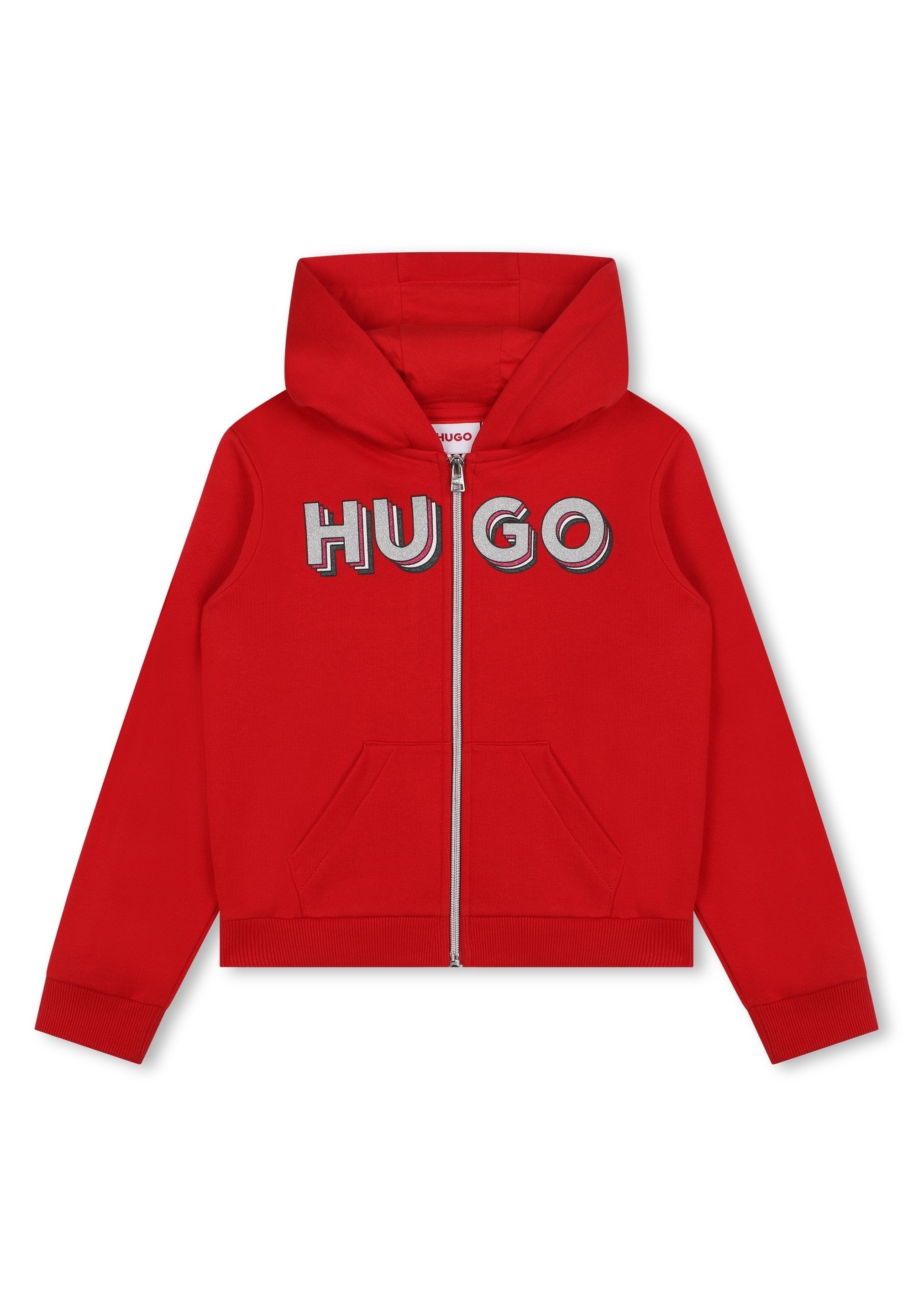 Rote Zip-Hoodie mit Kapuze, auf der Vorderseite mit großen, grauen "HUGO"-Buchstaben bedruckt. Verfügt über zwei Fronttaschen und gerippte Bündchen.