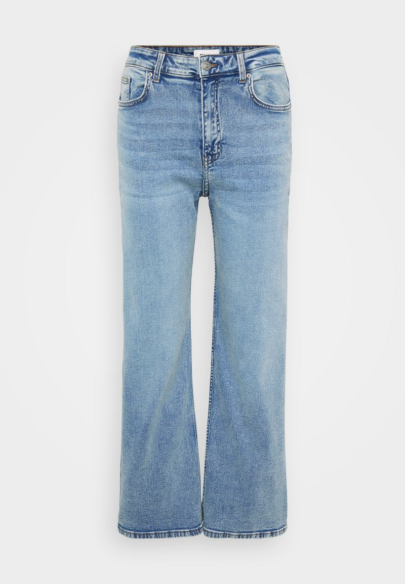Helleblaue, weit geschnittene Jeans aus Denim. Verfügt über fünf Taschen, Gürtelschlaufen und einen standardmäßigen Knopf- und Reißverschluss. Sichtbare, abgenutzte Textur.