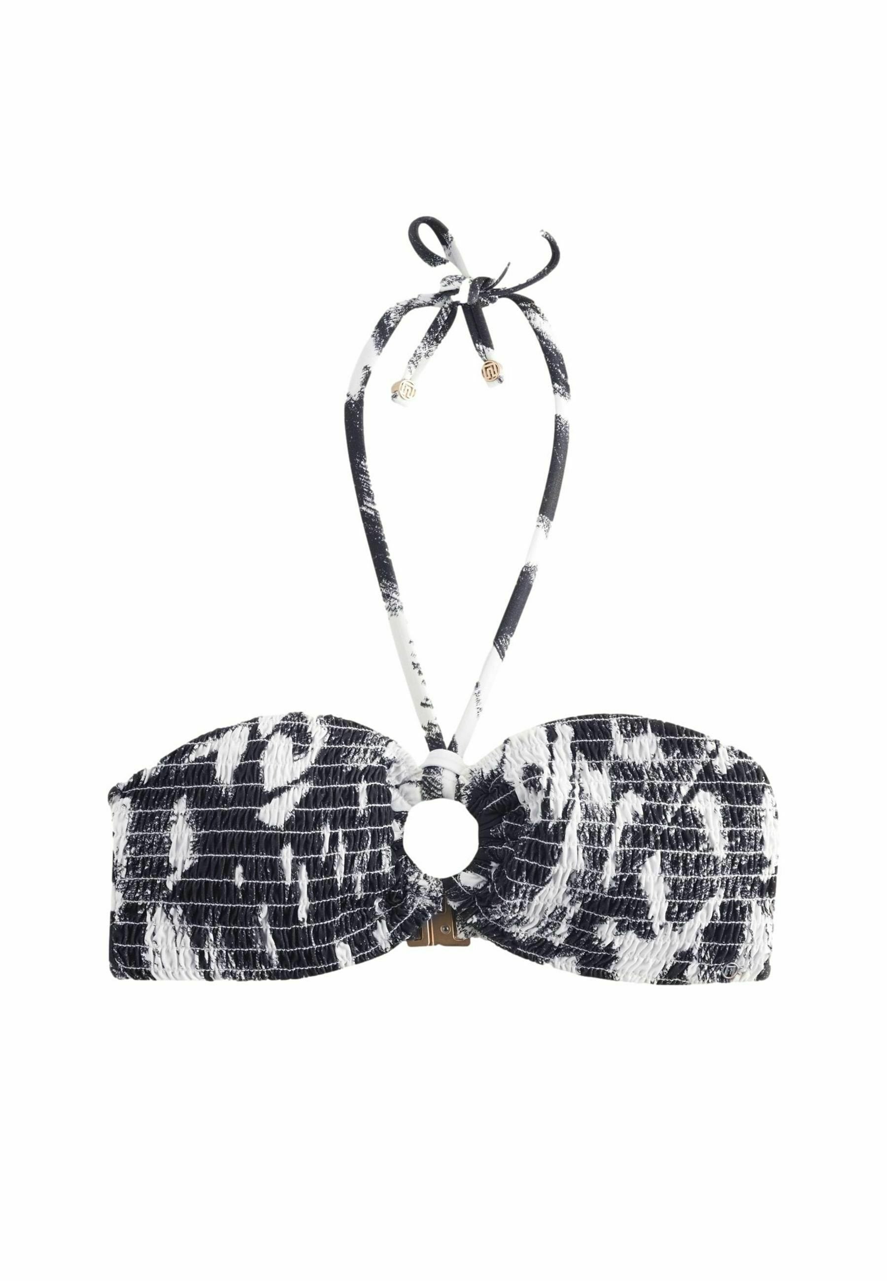 Schwarzer und weißer gestreifter Bikini-Oberteil mit geschmücktem Design, zentralem Ringakzent und Bindebändern. Glatte Textur über die gesamte Fläche.