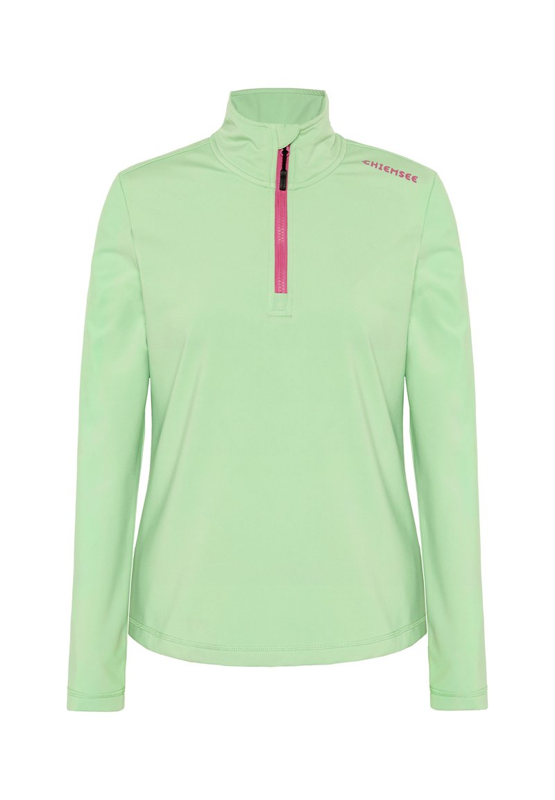 Langärmeliger Pullover in hellem Grün mit einem Viertelreißverschluss und einem rosa Reißverschluss, glatter Textur und Logo auf der linken Schulter.