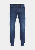 Blaue Jeans aus Denim mit taillierter Passform, fünf Taschen und einem Knopfverschluss. Der Stoff hat eine glatte Textur mit leichter Ausbleichung.