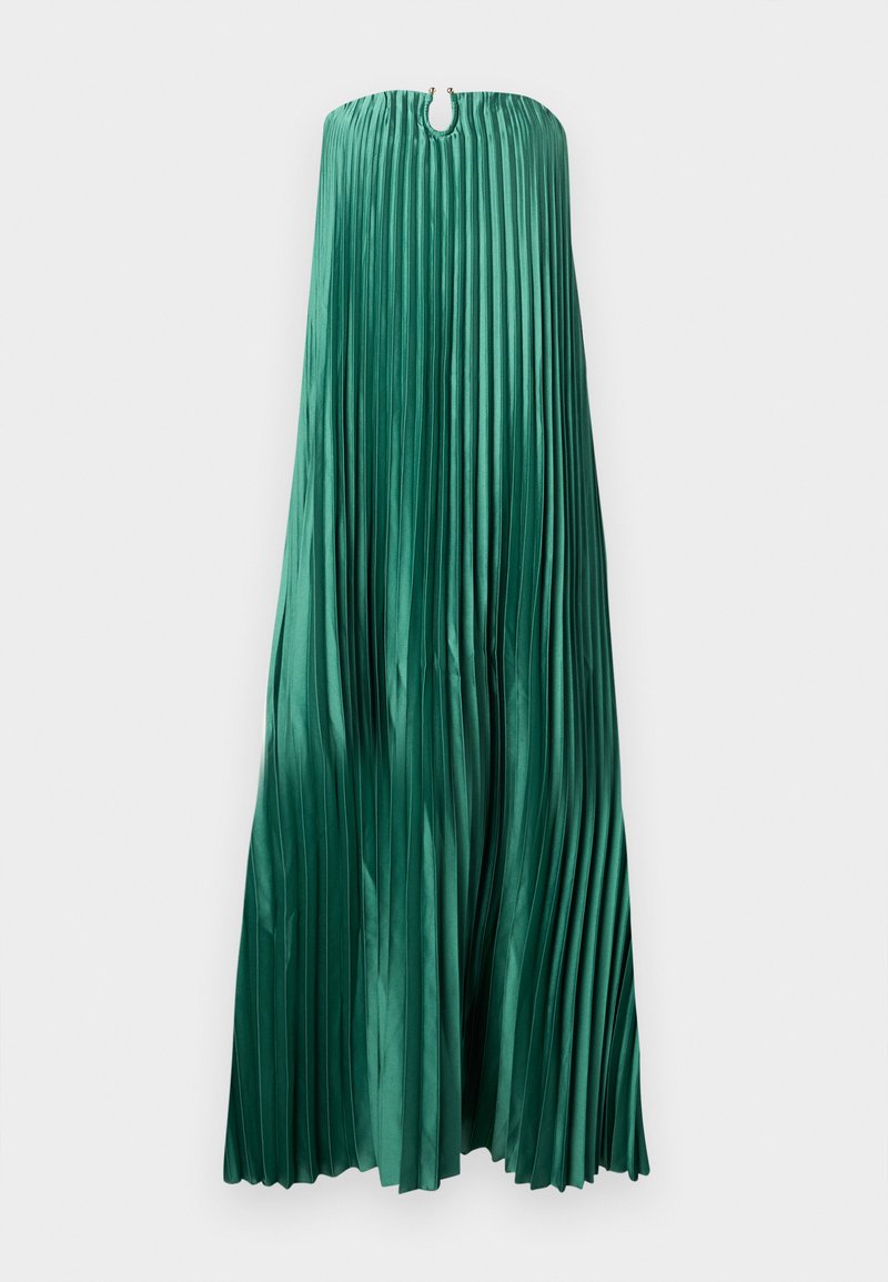 Schulterfreies, smaragdgrünes, plissiertes Satin-Abendkleid mit kleinem rundem Ausschnitt und Knopfverschluss am Ausschnitt.