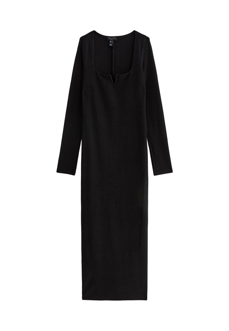 Schwarzes, langärmliges Kleid mit Rundhalsausschnitt und taillierter Silhouette. Hergestellt aus weichem, glattem Stoff reicht es bis zur Mitte der Wade.