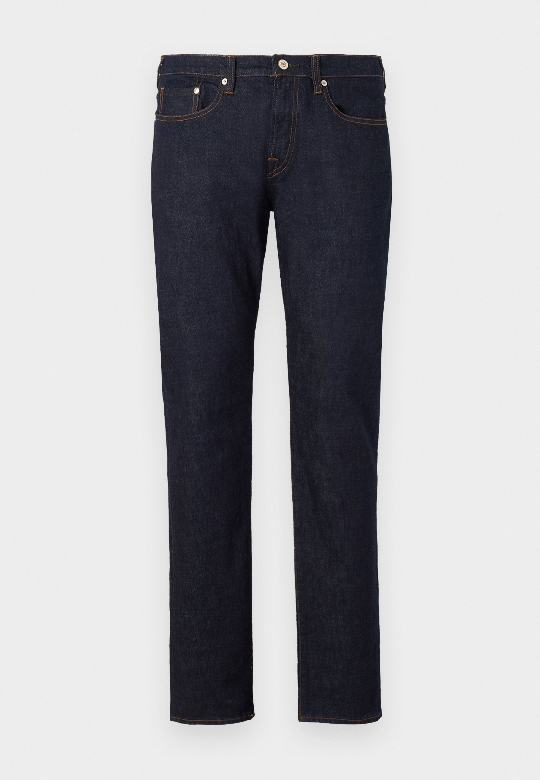 Dunkelblaue Jeans aus Denim mit geradem Schnitt, die ein klassisches Fünf-Taschen-Design und orangefarbene Nähte aufweisen.