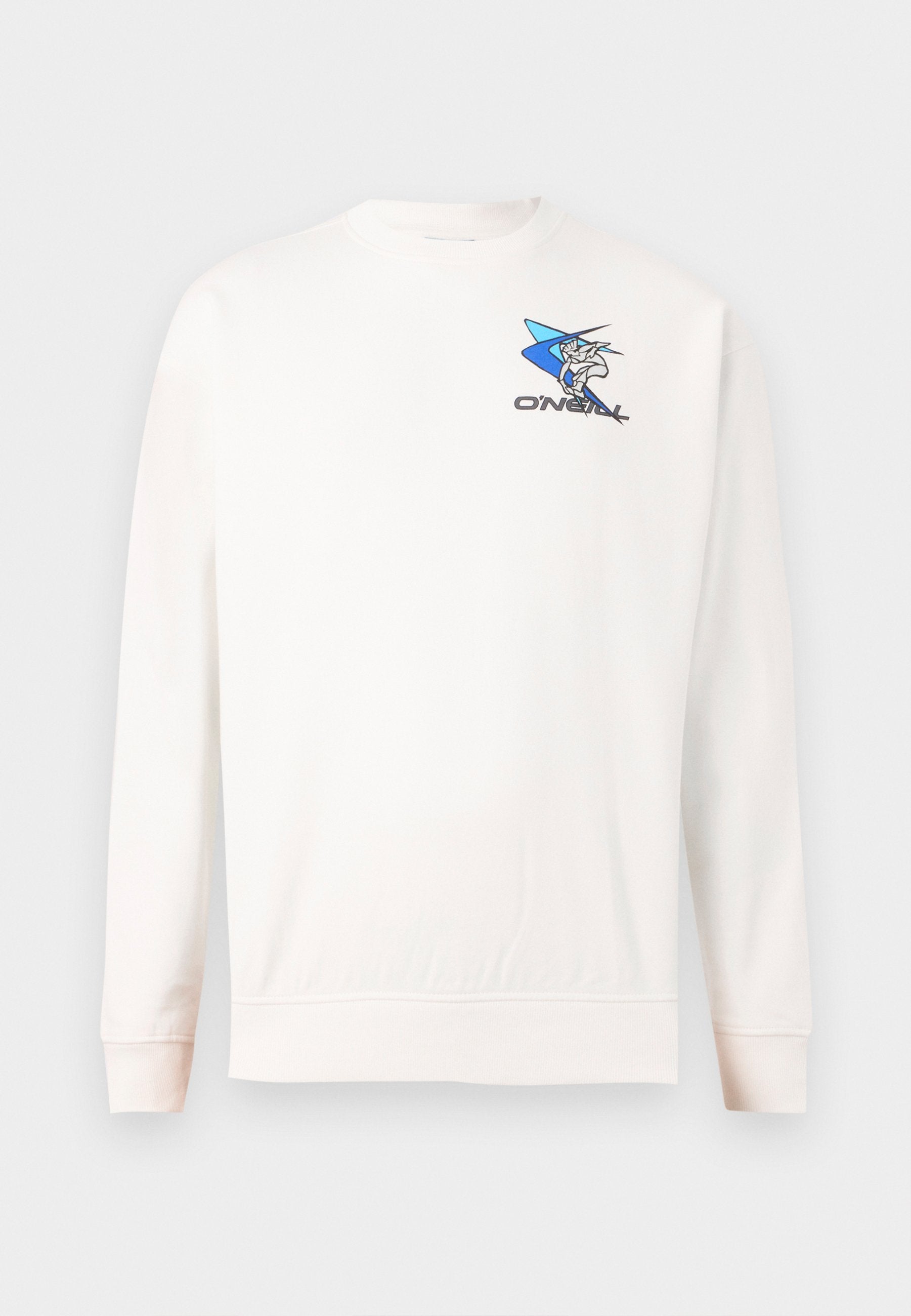 Weißes Sweatshirt mit langen Ärmeln, gerippten Bündchen und Saum, mit einem blauen Grafikdesign und dem "O'NEILL"-Logo auf der linken Brust.