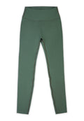Grüne Leggings mit einem breiten Taillenbund, glatter Textur und kontrastierenden Nähten entlang der Seiten. Hergestellt aus dehnbarem Material.