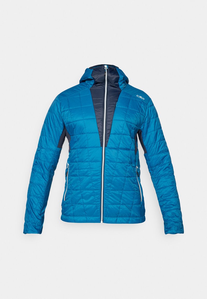 Blaue gesteppte Jacke mit Kapuze, die einen dunkelblauen Kragen und Seiten hat, mit durchgehendem Reißverschluss und zwei seitlichen Taschen. Leichter, strukturierter Stoff.