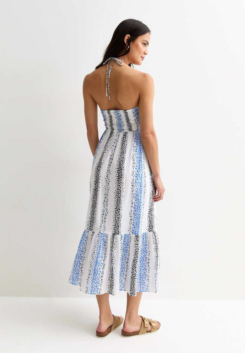 New Look STRIPE FLORAL SHIRRED HALTER NECK MIDI