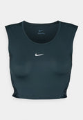 Nike Pro Sport-BH, dunkelblau, ärmelloses Design, glatte Textur, mit einem weißen Nike-Logo auf der Vorderseite und Mesh-Akzenten an den Seiten.